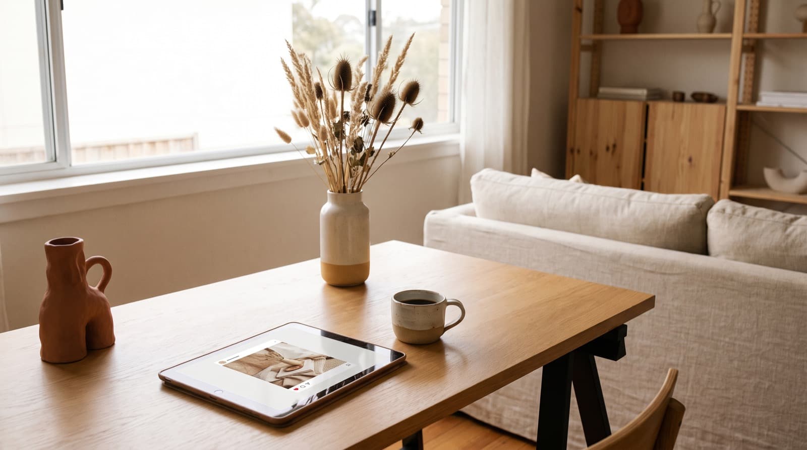 A Marge Studio desk with a tablet showing a brand carousel in progress, warm natural light